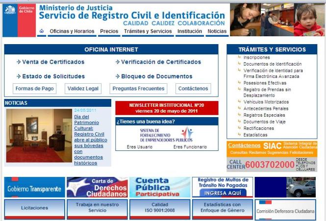 Imagen del sitio web del Servicio de Registro Civil e Identificación.