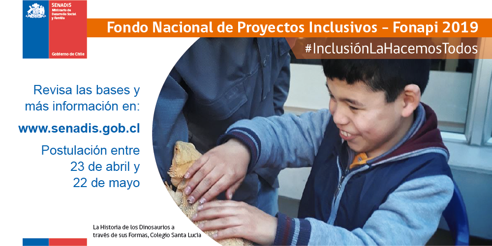 Afiche del Fondo Nacional de Proyectos Inclusivos, Fonapi 2019. Imagen central de un niño con discapacidad visual tocando una iguana.