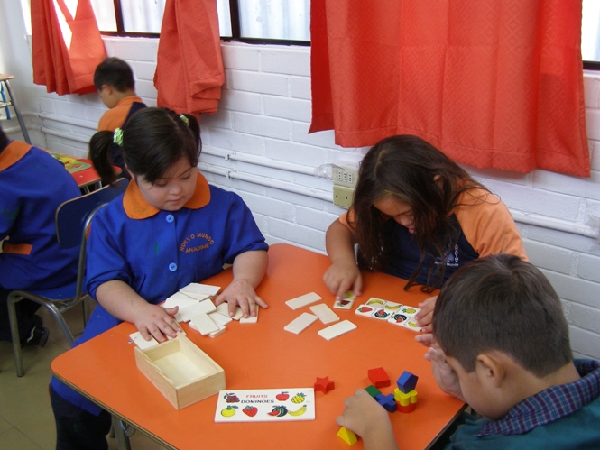 Niños y niñas con discapacidad intelectual compartiendo en el patio de su colegio