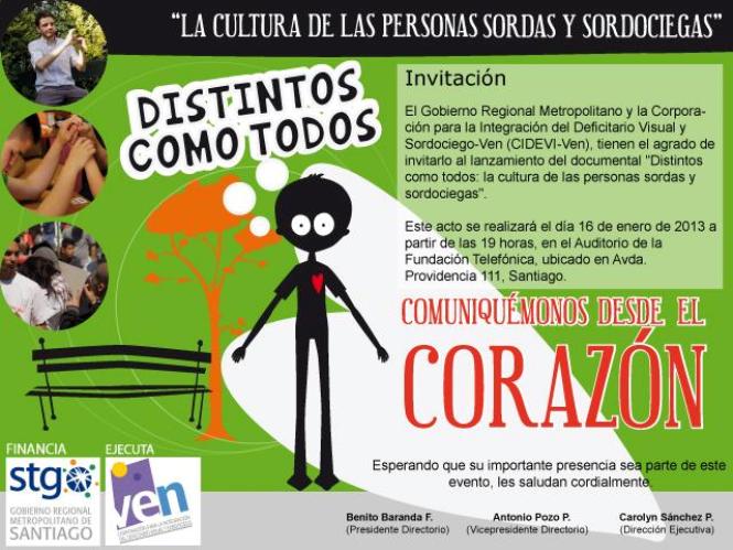 Flyers desarrollado por Cidevi-Ven para la difusión del documental, Distintos como todos: la cultura de las personas sordas y sordociegas.