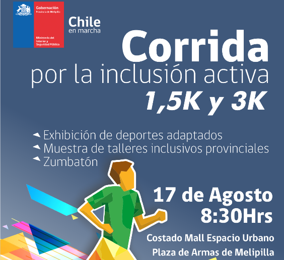 Afiche Corrida Inclusiva que se realizará el sábado 17 de agosto en la Plaza de Armas de Melipilla. 