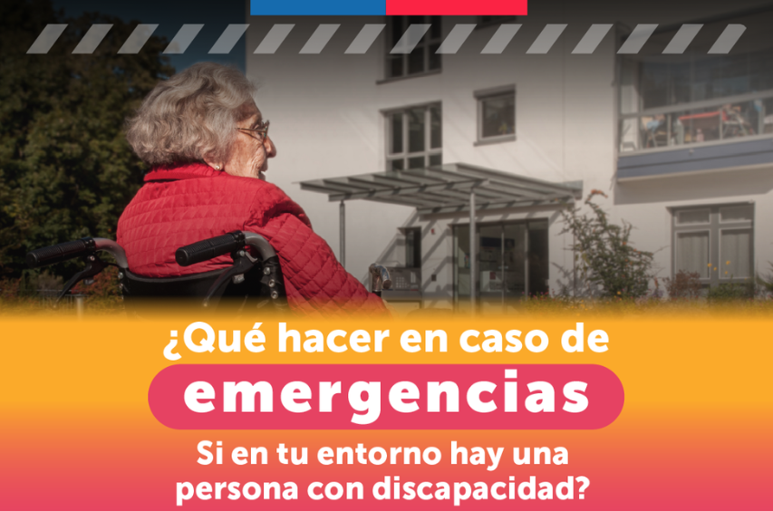 Persona usuaria de silla de ruedas, junto al texto ¿Qué hacer en caso de emergencias si en tu entorno hay una persona con discapacidad?