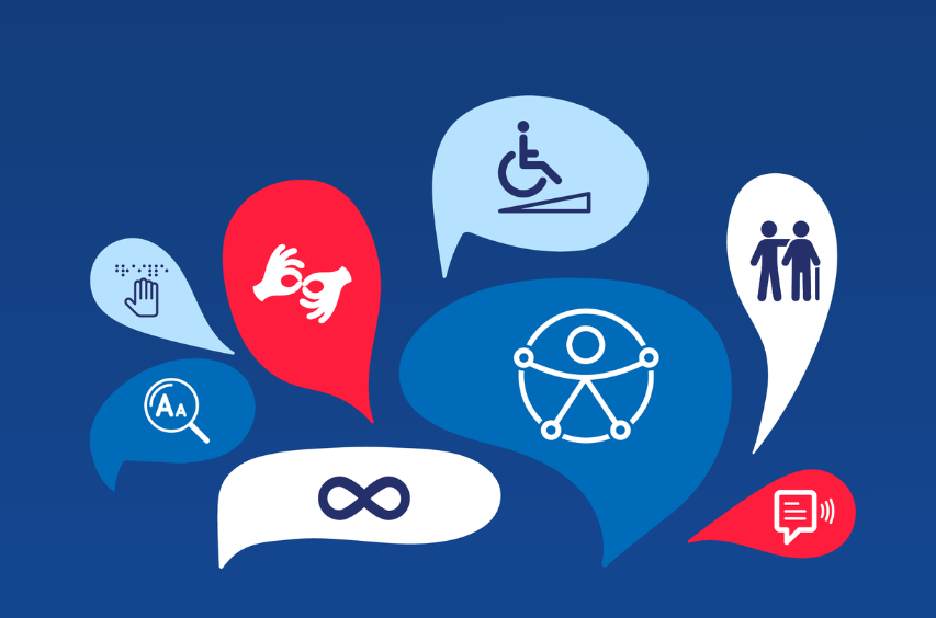 Imagen tiene fondo azul y aparecen los símbolos de autismo, lengua de señas, personas ciegas, persona en silla de ruedas, sistema brailel